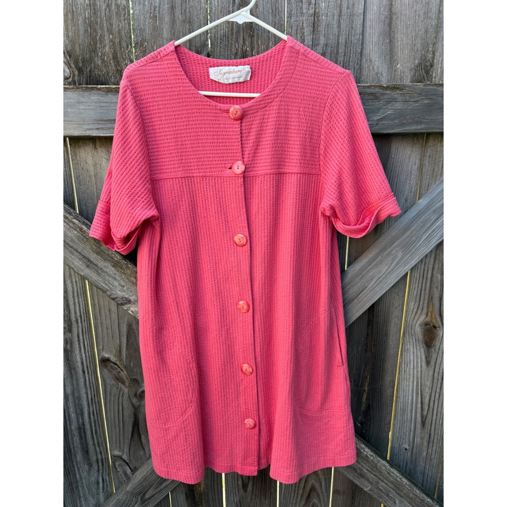 Signature II Stan Herman Coral Pink Ribbed Button Lounger House Dress Pocket